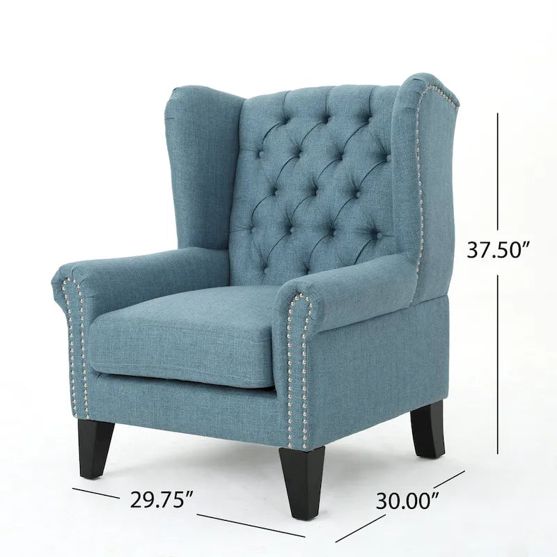 High Back Button Tufted Accent Chair – Blue, Nailhead Trim, Antique Style, Single
