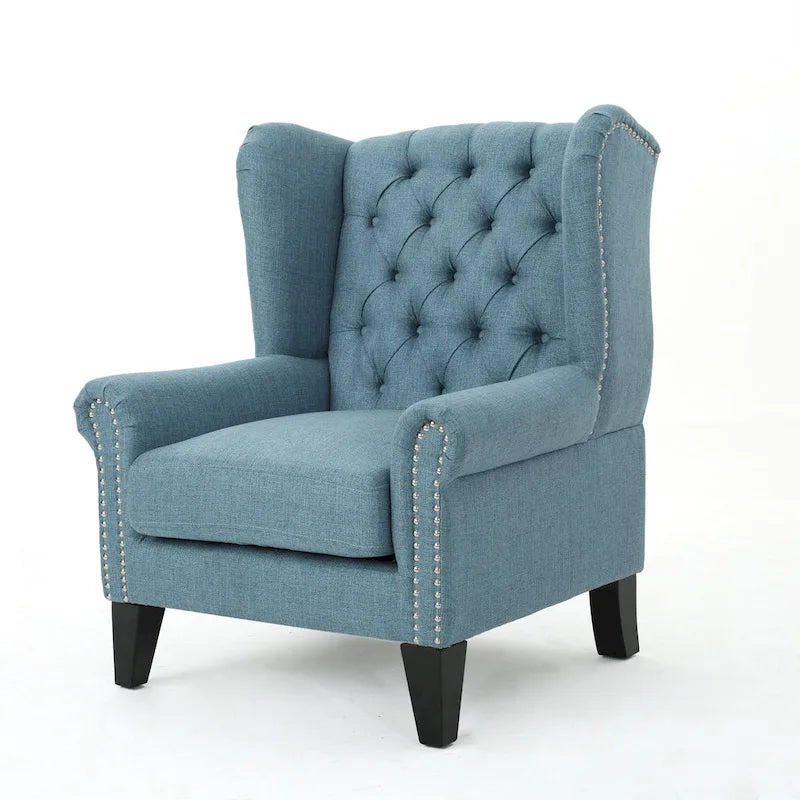 High Back Button Tufted Accent Chair – Blue, Nailhead Trim, Antique Style, Single