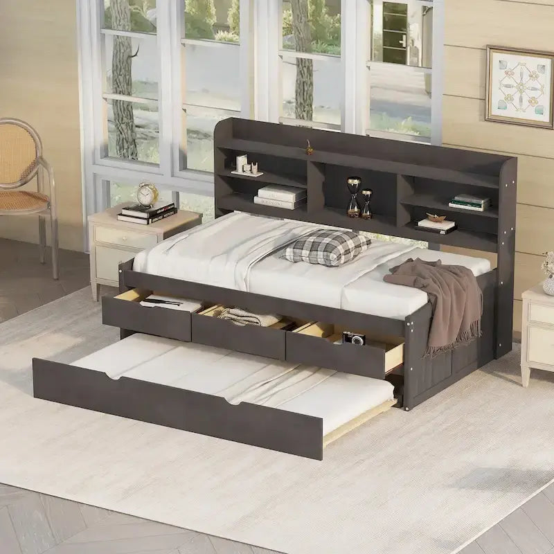 Twin Captain Bed with Bookcase Headboard, 3 Drawers & Trundle – Gray / White / Antique Gray, Pine & MDF, Single