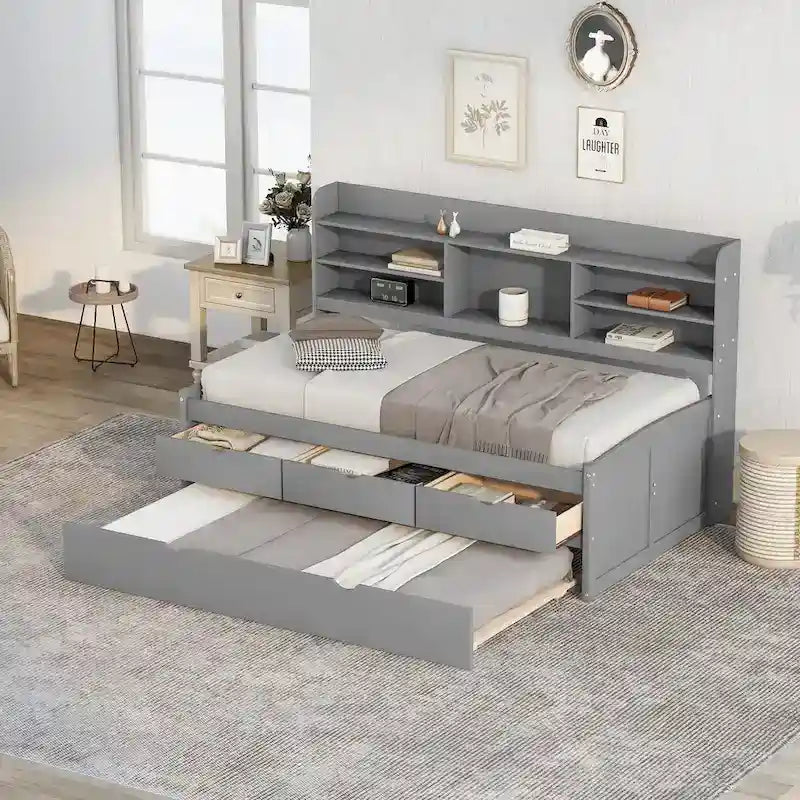 Twin Pine Captain Bed with Shelves, Drawers & Trundle