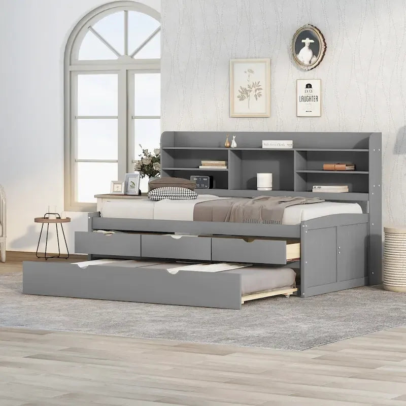 Twin Captain Bed with Bookcase Headboard, 3 Drawers & Trundle – Gray / White / Antique Gray, Pine & MDF, Single