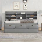 Twin Captain Bed with Bookcase Headboard, 3 Drawers & Trundle – Gray / White / Antique Gray, Pine & MDF, Single