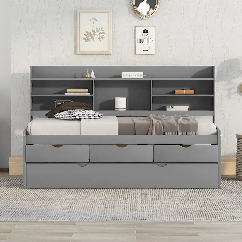 Twin Captain Bed with Bookcase Headboard, 3 Drawers & Trundle – Gray / White / Antique Gray, Pine & MDF, Single