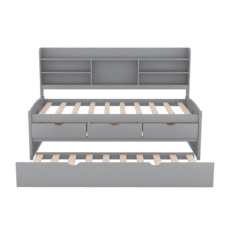 Twin Captain Bed with Bookcase Headboard, 3 Drawers & Trundle – Gray / White / Antique Gray, Pine & MDF, Single