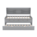 Twin Captain Bed with Bookcase Headboard, 3 Drawers & Trundle – Gray / White / Antique Gray, Pine & MDF, Single