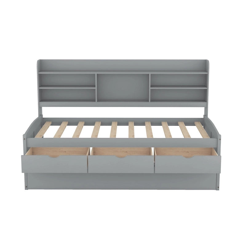 Twin Captain Bed with Bookcase Headboard, 3 Drawers & Trundle – Gray / White / Antique Gray, Pine & MDF, Single