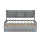 Twin Captain Bed with Bookcase Headboard, 3 Drawers & Trundle – Gray / White / Antique Gray, Pine & MDF, Single
