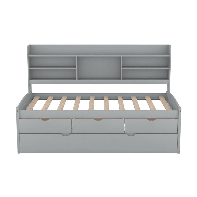 Twin Captain Bed with Bookcase Headboard, 3 Drawers & Trundle – Gray / White / Antique Gray, Pine & MDF, Single