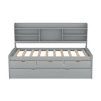 Twin Captain Bed with Bookcase Headboard, 3 Drawers & Trundle – Gray / White / Antique Gray, Pine & MDF, Single
