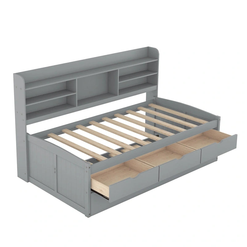 Twin Captain Bed with Bookcase Headboard, 3 Drawers & Trundle – Gray / White / Antique Gray, Pine & MDF, Single