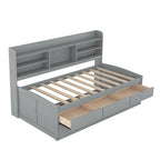 Twin Captain Bed with Bookcase Headboard, 3 Drawers & Trundle – Gray / White / Antique Gray, Pine & MDF, Single