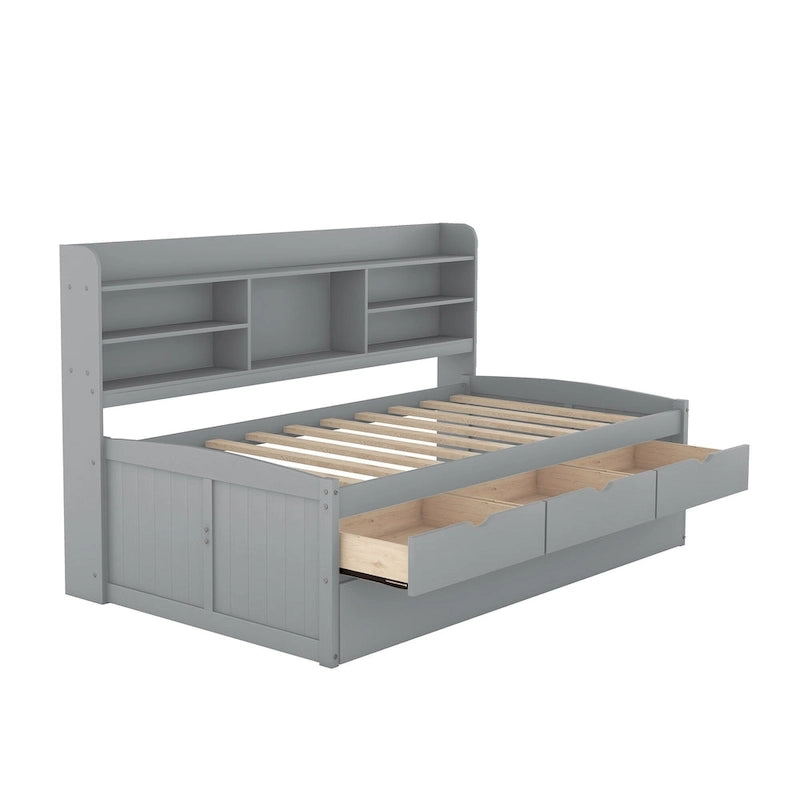 Twin Captain Bed with Bookcase Headboard, 3 Drawers & Trundle – Gray / White / Antique Gray, Pine & MDF, Single