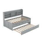 Twin Captain Bed with Bookcase Headboard, 3 Drawers & Trundle – Gray / White / Antique Gray, Pine & MDF, Single