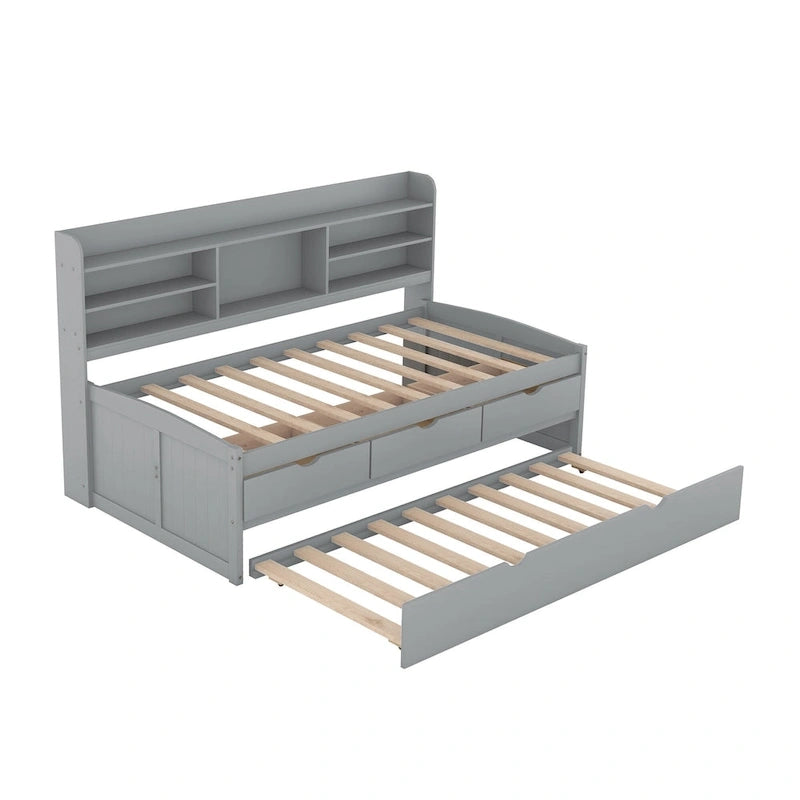 Twin Captain Bed with Bookcase Headboard, 3 Drawers & Trundle – Gray / White / Antique Gray, Pine & MDF, Single