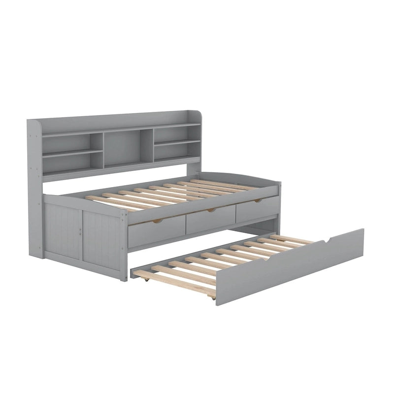 Twin Captain Bed with Bookcase Headboard, 3 Drawers & Trundle – Gray / White / Antique Gray, Pine & MDF, Single