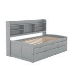 Twin Captain Bed with Bookcase Headboard, 3 Drawers & Trundle – Gray / White / Antique Gray, Pine & MDF, Single