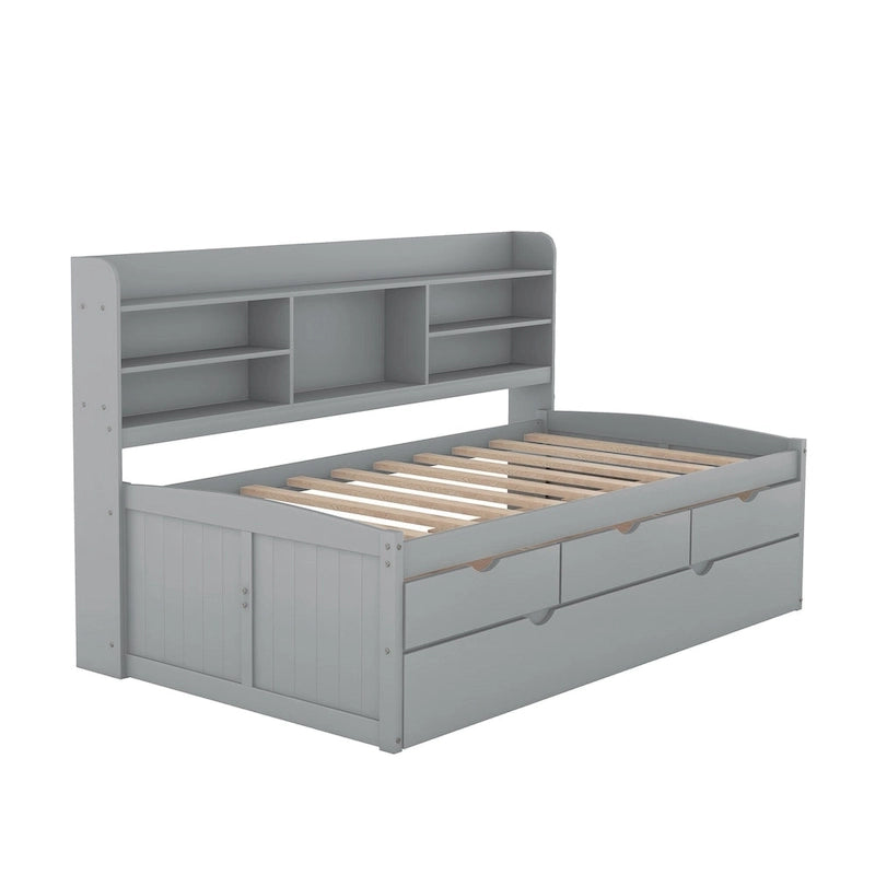 Twin Captain Bed with Bookcase Headboard, 3 Drawers & Trundle – Gray / White / Antique Gray, Pine & MDF, Single
