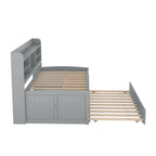 Twin Captain Bed with Bookcase Headboard, 3 Drawers & Trundle – Gray / White / Antique Gray, Pine & MDF, Single