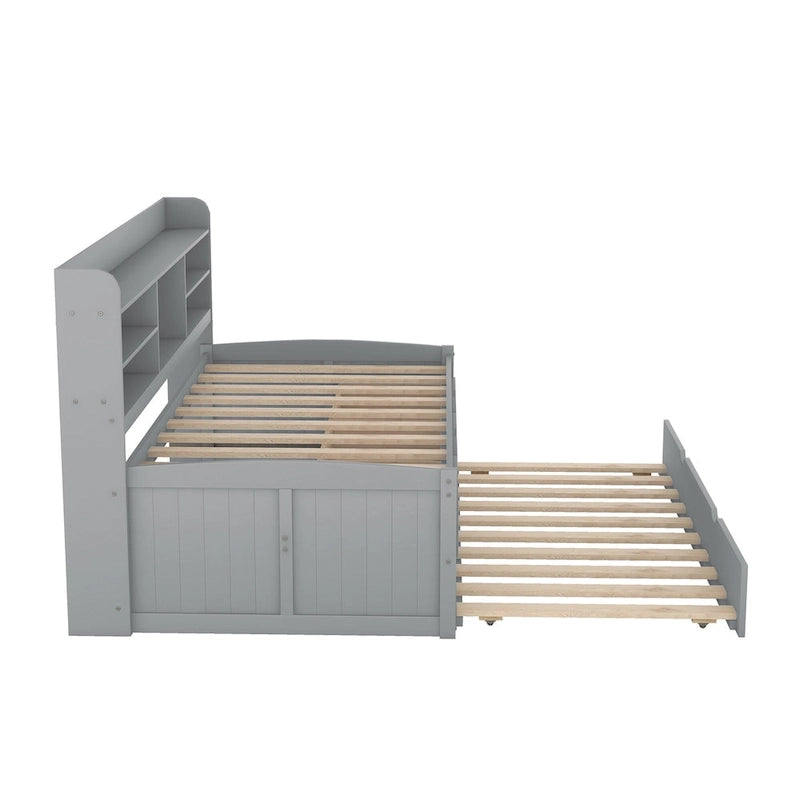 Twin Captain Bed with Bookcase Headboard, 3 Drawers & Trundle – Gray / White / Antique Gray, Pine & MDF, Single