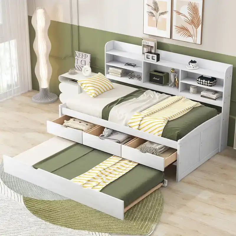 Twin Captain Bed with Bookcase Headboard, 3 Drawers & Trundle – Gray / White / Antique Gray, Pine & MDF, Single
