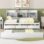 Twin Captain Bed with Bookcase Headboard, 3 Drawers & Trundle – Gray / White / Antique Gray, Pine & MDF, Single