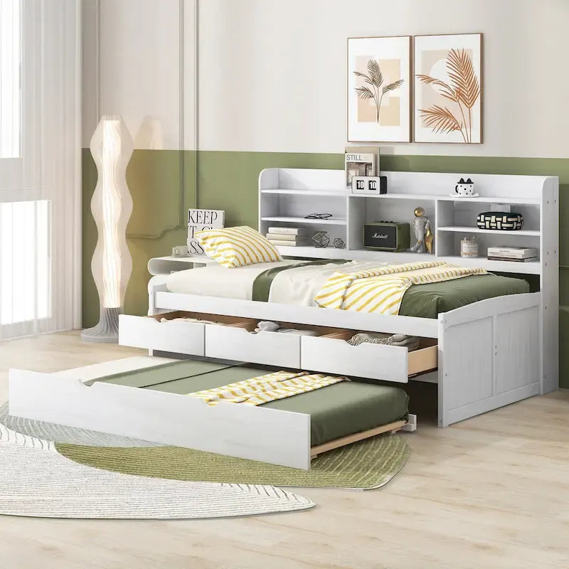 Twin Captain Bed with Bookcase Headboard, 3 Drawers & Trundle – Gray / White / Antique Gray, Pine & MDF, Single