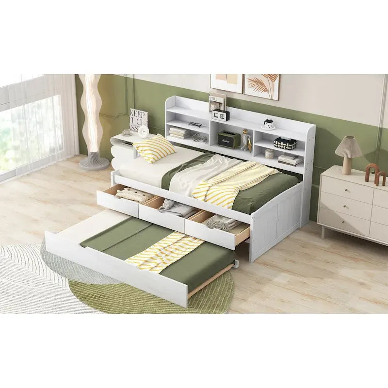 Twin Captain Bed with Bookcase Headboard, 3 Drawers & Trundle – Gray / White / Antique Gray, Pine & MDF, Single