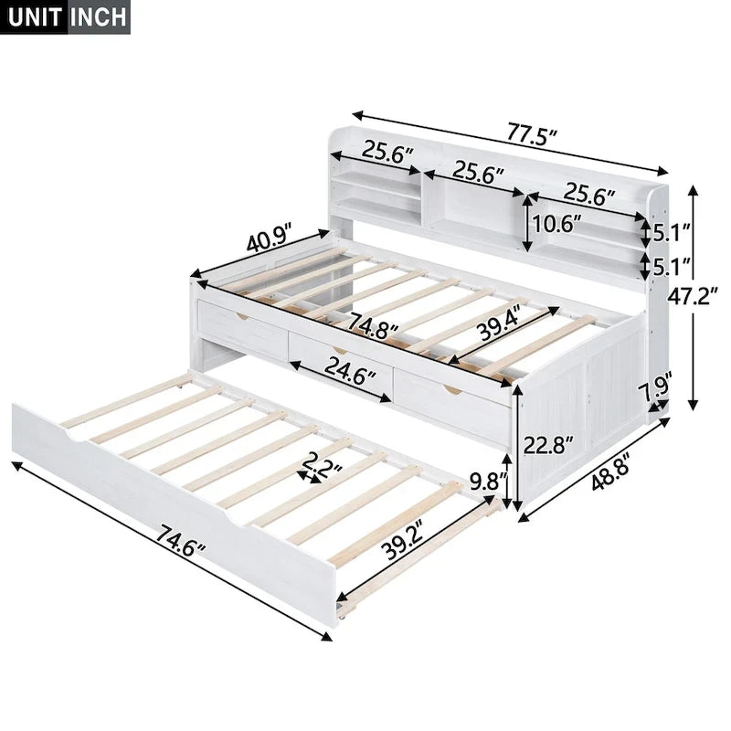 Twin Captain Bed with Bookcase Headboard, 3 Drawers & Trundle – Gray / White / Antique Gray, Pine & MDF, Single