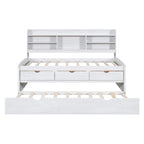 Twin Captain Bed with Bookcase Headboard, 3 Drawers & Trundle – Gray / White / Antique Gray, Pine & MDF, Single