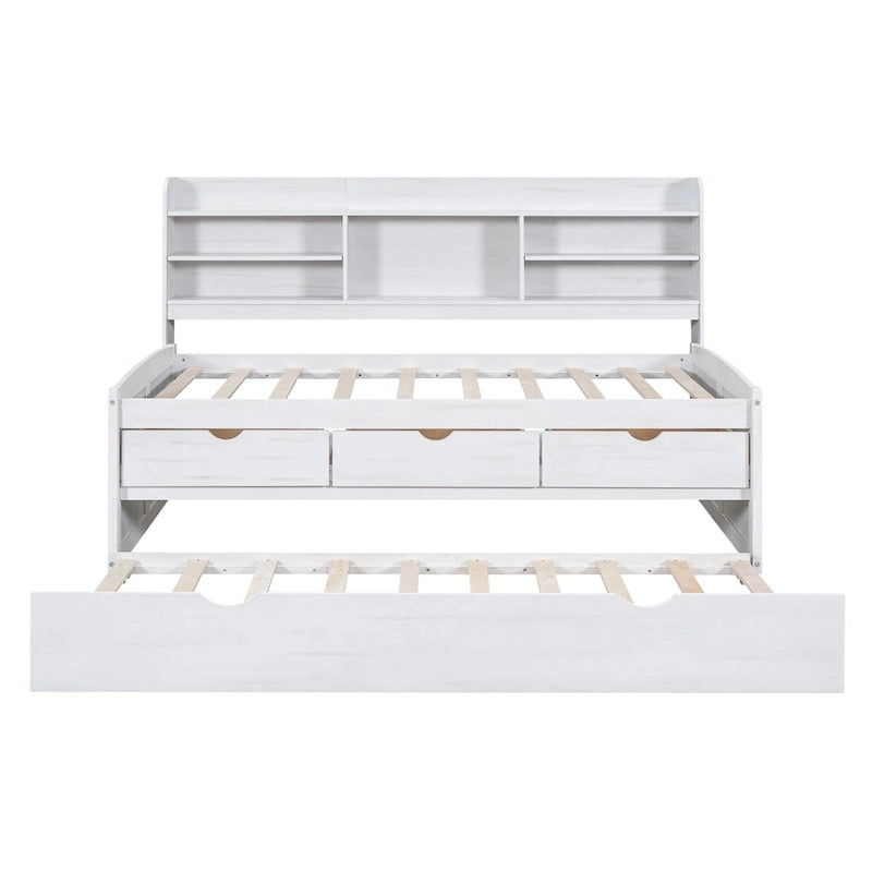 Twin Captain Bed with Bookcase Headboard, 3 Drawers & Trundle – Gray / White / Antique Gray, Pine & MDF, Single