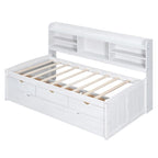 Twin Captain Bed with Bookcase Headboard, 3 Drawers & Trundle – Gray / White / Antique Gray, Pine & MDF, Single