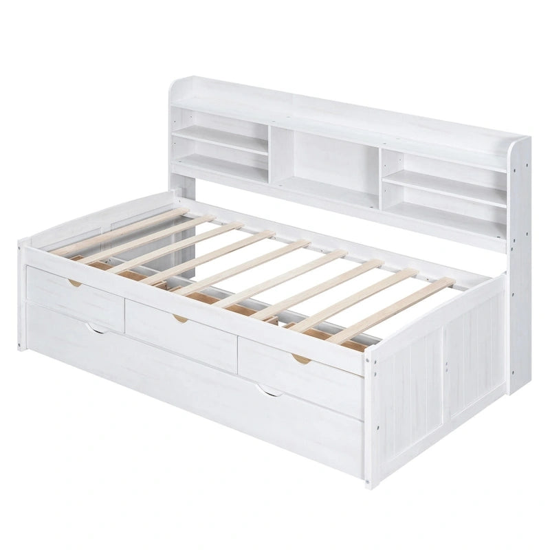 Twin Captain Bed with Bookcase Headboard, 3 Drawers & Trundle – Gray / White / Antique Gray, Pine & MDF, Single