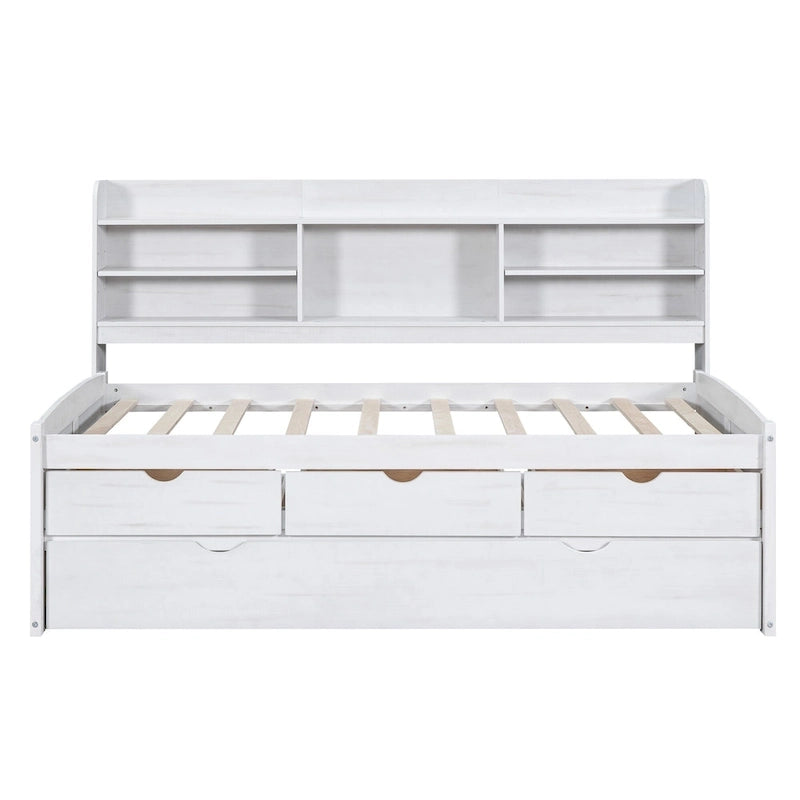 Twin Captain Bed with Bookcase Headboard, 3 Drawers & Trundle – Gray / White / Antique Gray, Pine & MDF, Single