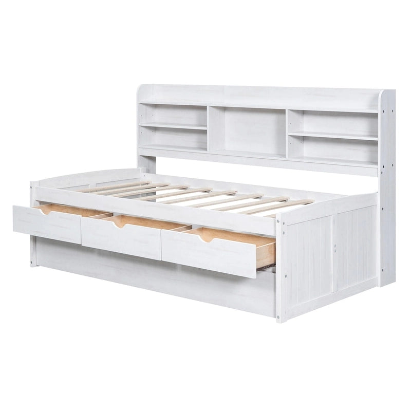 Twin Captain Bed with Bookcase Headboard, 3 Drawers & Trundle – Gray / White / Antique Gray, Pine & MDF, Single