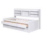 Twin Captain Bed with Bookcase Headboard, 3 Drawers & Trundle – Gray / White / Antique Gray, Pine & MDF, Single