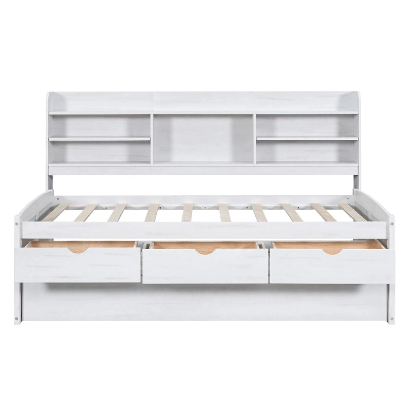 Twin Captain Bed with Bookcase Headboard, 3 Drawers & Trundle – Gray / White / Antique Gray, Pine & MDF, Single