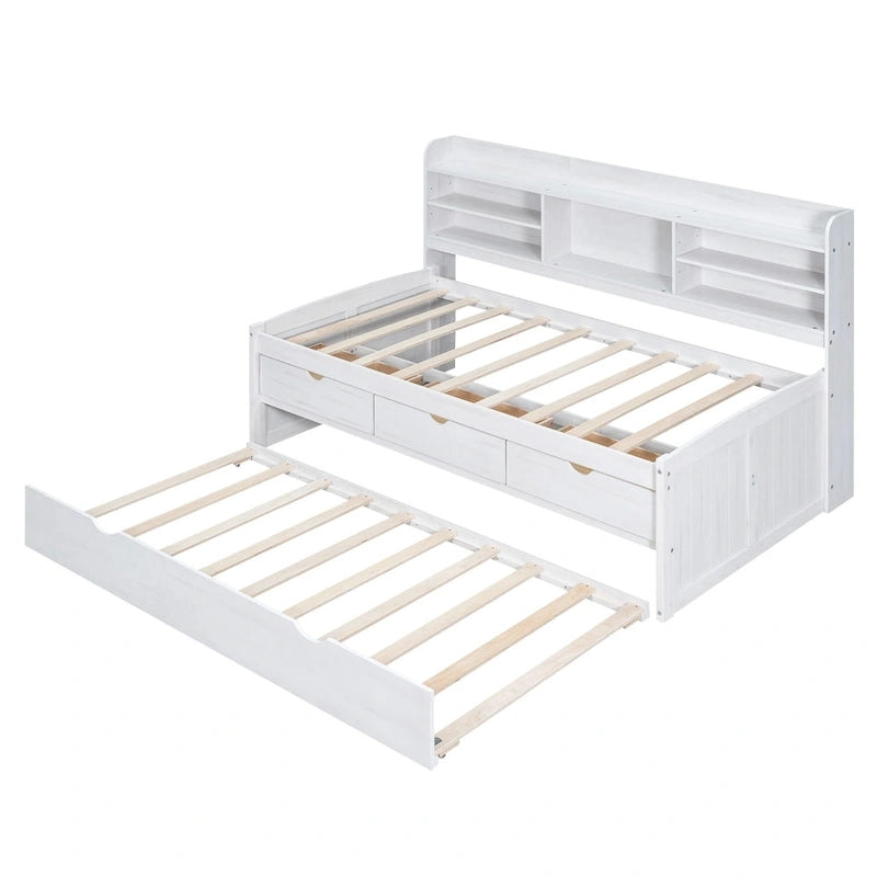 Twin Captain Bed with Bookcase Headboard, 3 Drawers & Trundle – Gray / White / Antique Gray, Pine & MDF, Single