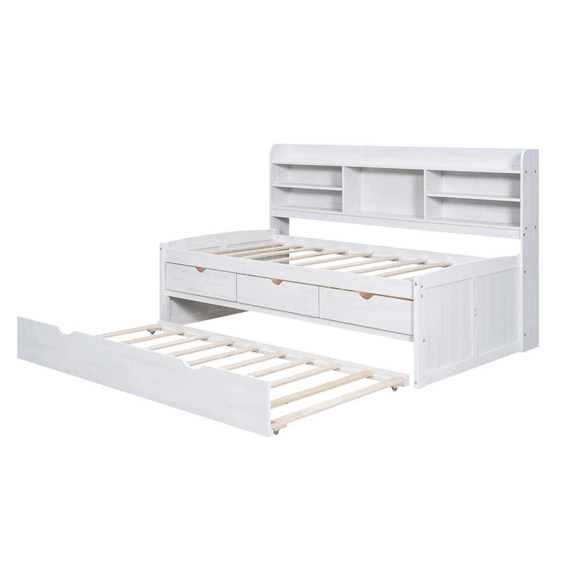 Twin Captain Bed with Bookcase Headboard, 3 Drawers & Trundle – Gray / White / Antique Gray, Pine & MDF, Single