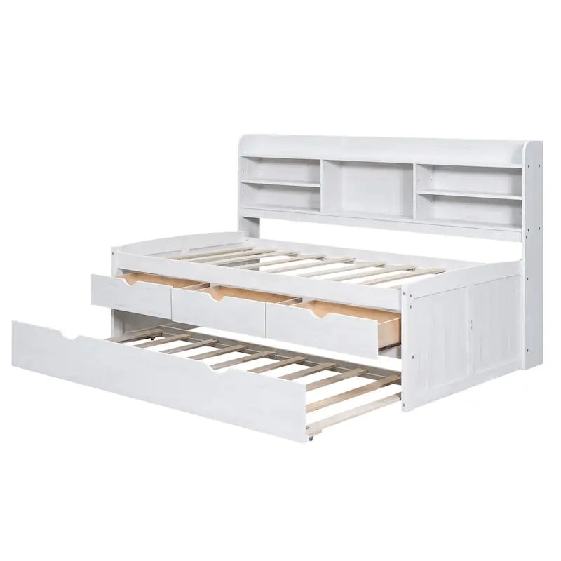 Twin Captain Bed with Bookcase Headboard, 3 Drawers & Trundle – Gray / White / Antique Gray, Pine & MDF, Single
