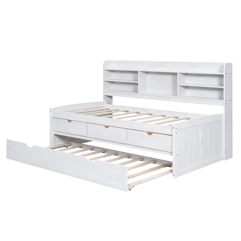 Twin Captain Bed with Bookcase Headboard, 3 Drawers & Trundle – Gray / White / Antique Gray, Pine & MDF, Single