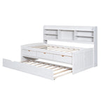 Twin Captain Bed with Bookcase Headboard, 3 Drawers & Trundle – Gray / White / Antique Gray, Pine & MDF, Single