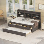 Twin Captain Bed with Bookcase Headboard, 3 Drawers & Trundle – Gray / White / Antique Gray, Pine & MDF, Single