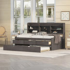 Twin Captain Bed with Bookcase Headboard, 3 Drawers & Trundle – Gray / White / Antique Gray, Pine & MDF, Single