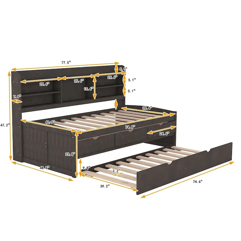 Twin Captain Bed with Bookcase Headboard, 3 Drawers & Trundle – Gray / White / Antique Gray, Pine & MDF, Single