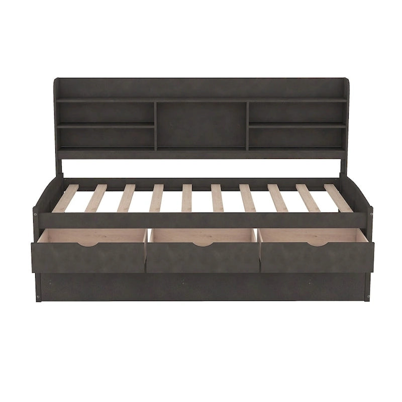 Twin Captain Bed with Bookcase Headboard, 3 Drawers & Trundle – Gray / White / Antique Gray, Pine & MDF, Single