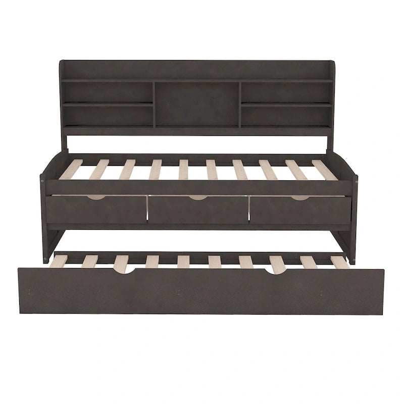 Twin Captain Bed with Bookcase Headboard, 3 Drawers & Trundle – Gray / White / Antique Gray, Pine & MDF, Single