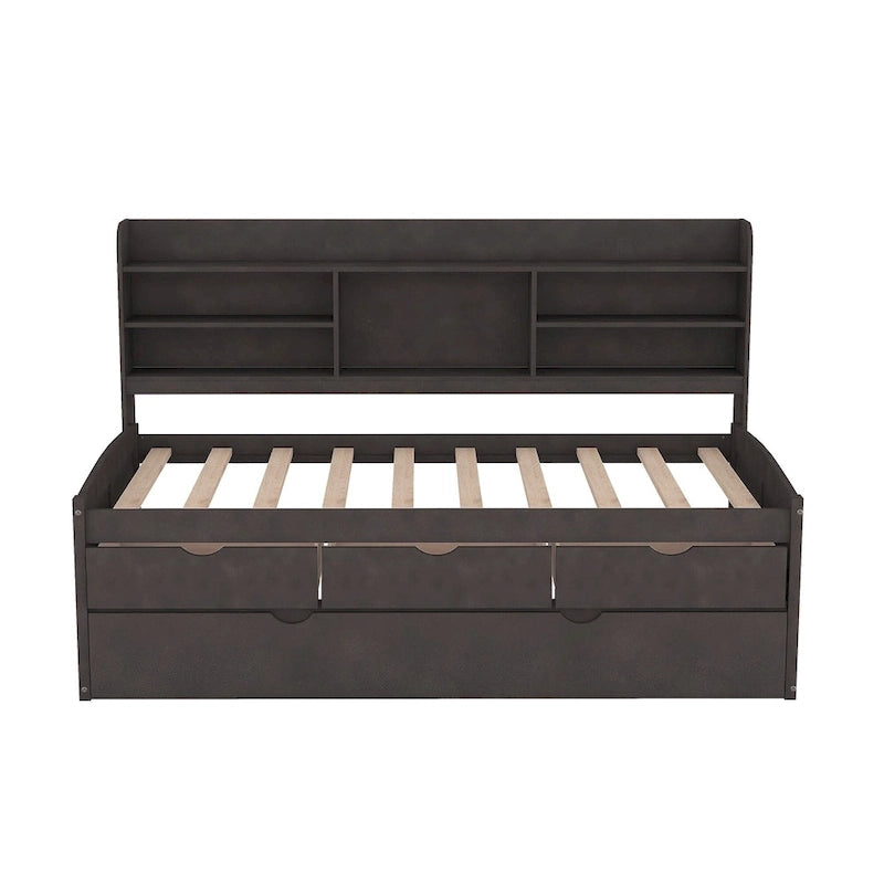 Twin Captain Bed with Bookcase Headboard, 3 Drawers & Trundle – Gray / White / Antique Gray, Pine & MDF, Single