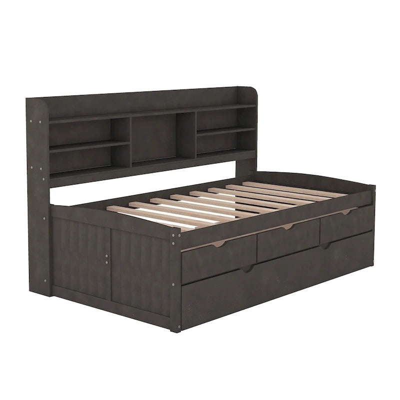 Twin Captain Bed with Bookcase Headboard, 3 Drawers & Trundle – Gray / White / Antique Gray, Pine & MDF, Single