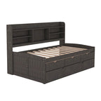 Twin Captain Bed with Bookcase Headboard, 3 Drawers & Trundle – Gray / White / Antique Gray, Pine & MDF, Single