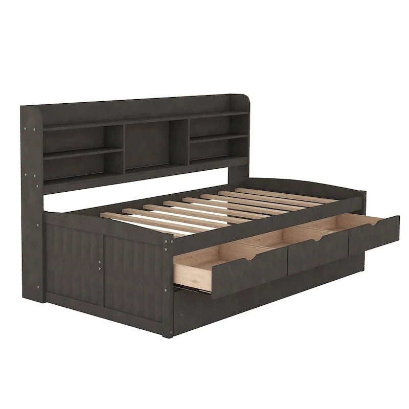 Twin Captain Bed with Bookcase Headboard, 3 Drawers & Trundle – Gray / White / Antique Gray, Pine & MDF, Single